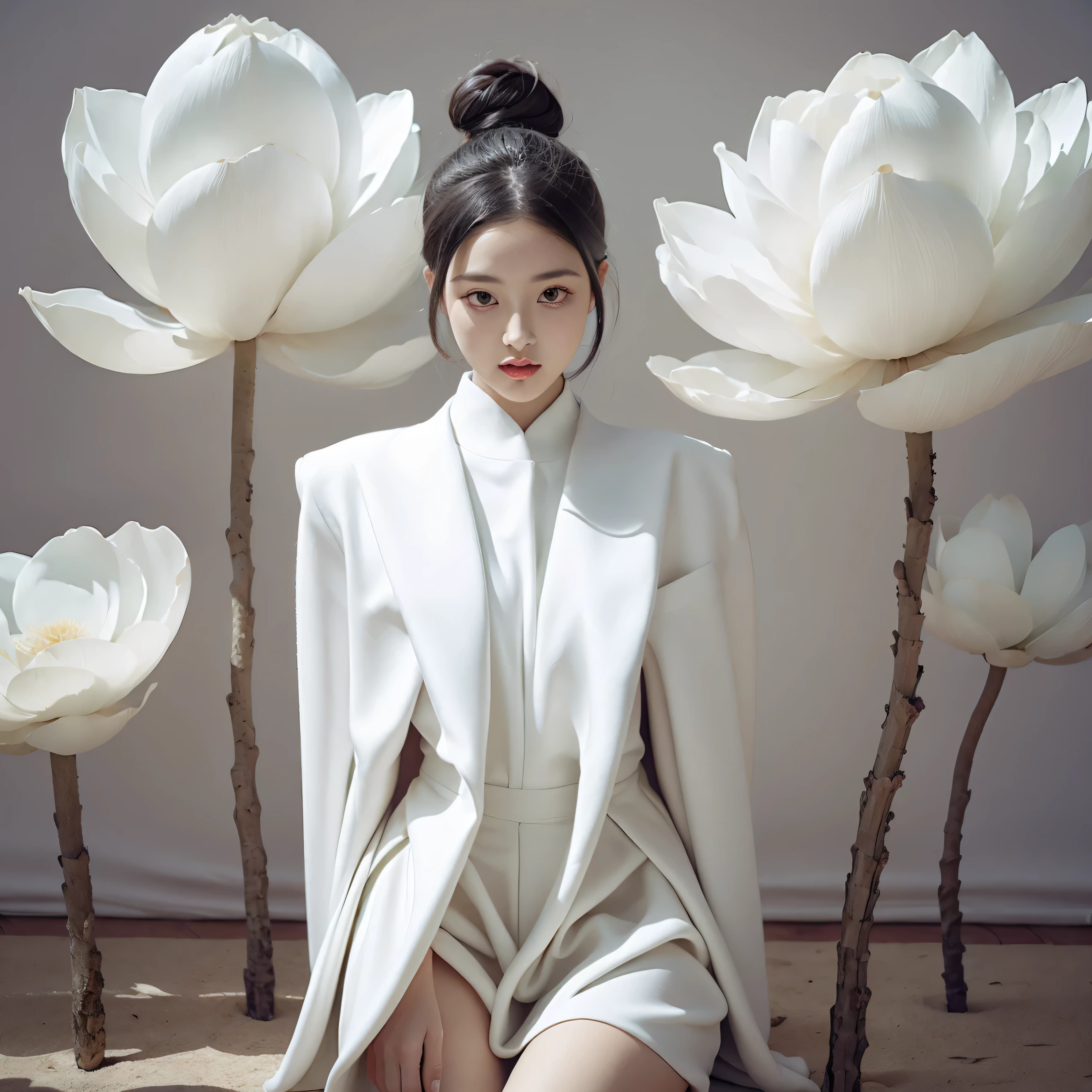 A girl，solo，Giant lotus leaf，Black Hair，dress，Looking at the audience，White skirt，Hair Bun，
Sitting，单Hair Bun，Leaves，Long sleeve，Red lips，Realism