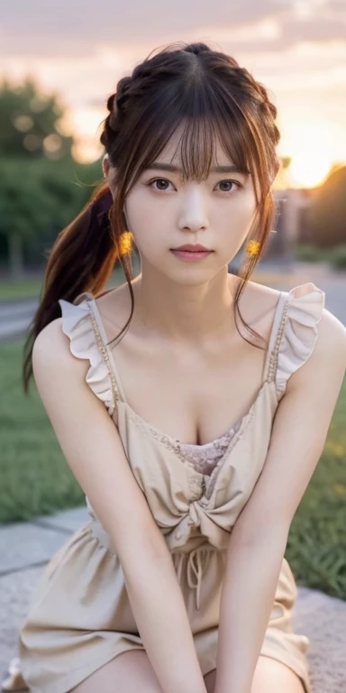 1 Japanese female, 30 years old, Very beautiful, (very cute), (Very detailed美しい顔), Great face and eyes,(Flower Hair Ornaments,Braided top knot,Twisted Side Part Ponytail Braided Headband,Half Up、Braided Space Van,Voluminous fishtail braid,Twisted pan),(The bangs are see-through),, My eyes got a little brighter, Normal makeup, (Tight camisole mini dress), (highest quality:1.4), (Very detailed), Very detailed CG 統合 8k 壁紙, Surreal, (Photorealistic:1.4), Raw photo, Professional photography, Cinema Lighting, Realistic portraits,  (Depth of written boundary:1.4), (View Photographer:1.3), (In a park with a pond), Small breasts、Faint cleavage、, Very small waist, (Whole Body Ezbian), Accurate Eyes, Beautiful mouth, (Keep your mouth completely closed), (evening:1.3), (Looking at the camera), (Amazing sunset:1.25), Sleeveless, Melancholic expression、A photo showing you from head to knees