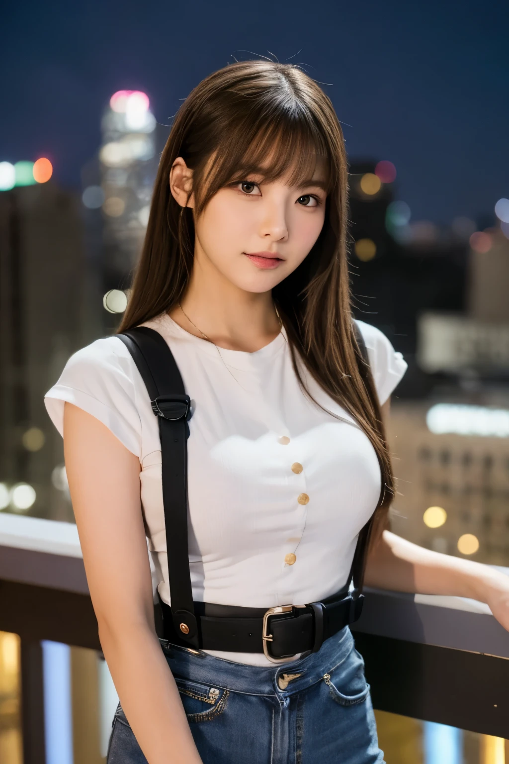 ((Midnight, highest quality, 8k, masterpiece :1.3)), whole body, Long legs, Sharp focus :1.2, Beautiful woman with perfect figure :1.4, Slim Abs :1.1, ((Dark brown hair, Big Breasts :1.2)), (White tight T-shirt, Jean Bib, Are standing:1.2), ((Night city view, rooftop:1.3)), Very detailedな顔と肌の質感, Fine grain, Double eyelids one girl,highest quality,masterpiece,figure,Very delicate and beautiful,CG,Unity,8k wallpaper,wonderful,In detail,masterpiece,Official Art,Very detailed CG Unity 8k wallpaper,Incredibly absurd,Large file size,Very detailedな,High resolution,Very detailed,Beautiful detailed girl,Realistic,from the front,Outdoor,　suspenders　　　Large swollen breasts　　 　 　　　　Black mini skirt　garter belt　Knee-high socks　　　　　　　bangs 　　　　　Beauty　　Hands up　　 　　Black boots 　　　　one person 　　　Dress shirt　　　Hands Behind Back　put your hands behind your back　　With your hands behind your back　Armament　holster　　A room at the Belt Hotel　Bed　Wall side　