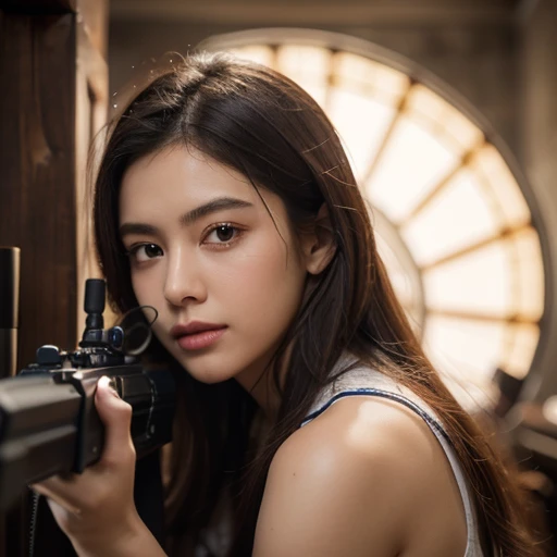 (highest quality,RAW Photos,16k), (sharp perspective:1.3), ((Girl holding a gun,)) , Beautiful Face, Cute expression, Aiming for the target睨みつける目, Strong and fleeting eyes, (((High precisionアサルトライフル))), Aiming for the target, Super Detail, High precision, high performance, A very long and straight barrel, Wooden grip))), ((point the muzzle at the viewer)), cool, Precision machinery, war, Perfect design, Realistic, Ultra-high precision, Highest quality, 