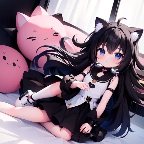 ((best quality)), ((masterpiece)),1 girl， animemanga girl， body type，very short in height，black color hair，a black skirt，cat ear...