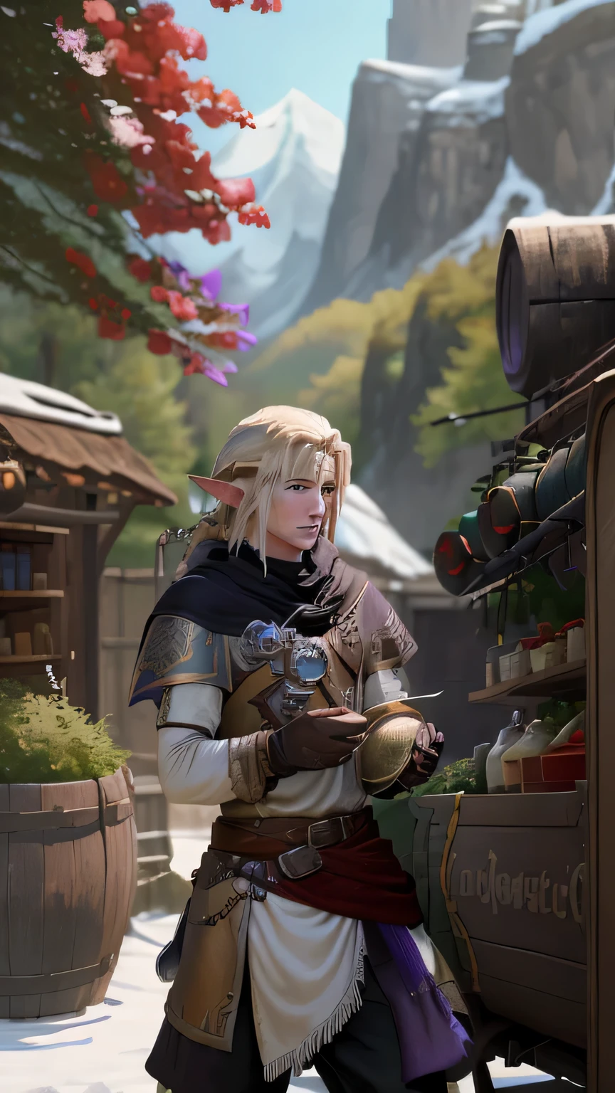 Male Elf rogue bard, blond hair, covered merchant Wagon, filled with magical ingredients, pet ravens