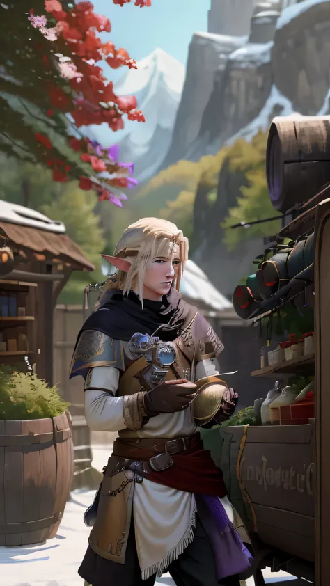 male elf rogue bard, blond hair, covered merchant wagon, filled with magical ingredients, pet ravens