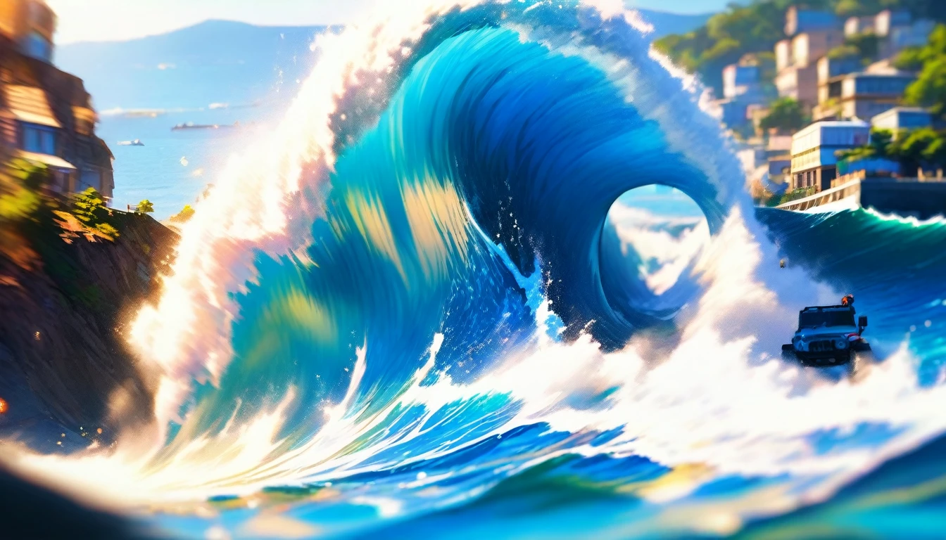 a photo of the very beautiful blue coast, blue coast with beautiful ocean spray,golden hour,#quality(8k,wallpaper of extremely detailed CG unit, ​masterpiece,hight resolution,top-quality,top-quality real texture skin,hyper realisitic,increase the resolution,RAW photos,best qualtiy,highly detailed,the wallpaper), BREAK,the jeep is passing with very high speed at the seashore of blue coat,#jeep(4wd,offroad style),#blue coast(very clean ocean,wave,very beautiful ocean,beautiful city:1.4,),dynamic angle,motion blur