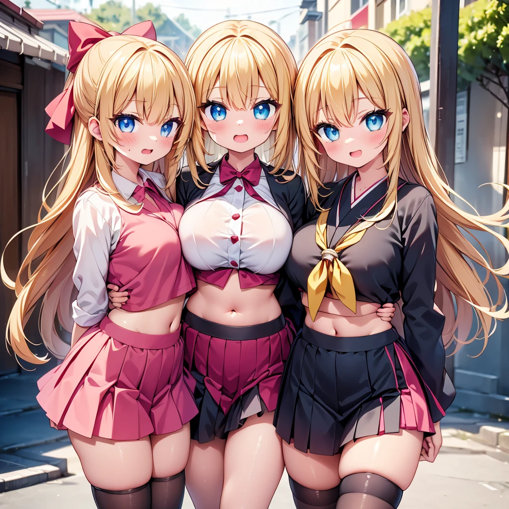 (cute eyes:1.2), (sparkling eyes:1.2), highest quality,wonderful,finely,extremely detailed CG Unity 8K wallpaper, (Stand in line:1.2), (3 girls, cute eyes, japanese miko, clothed), (huge breasts), (midriff peek:1.2), (open mouth:1.1), (long tongue:1.1), (mouth drool:1.1), (black stockings:1.1),(Thighs:1.1),(Waistline:1.1)