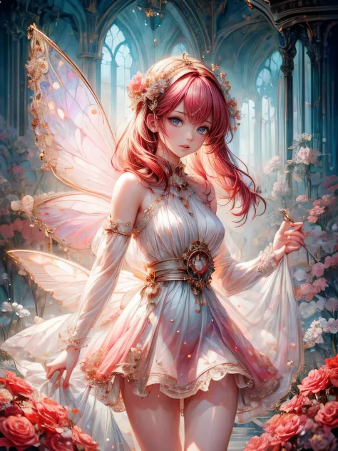 masterpiece: 1.2, highres,32k, photorealistic: 1.37, ultra-detailed: 1.2,cute girl(flower fairy), crimson transparent dress (flo...