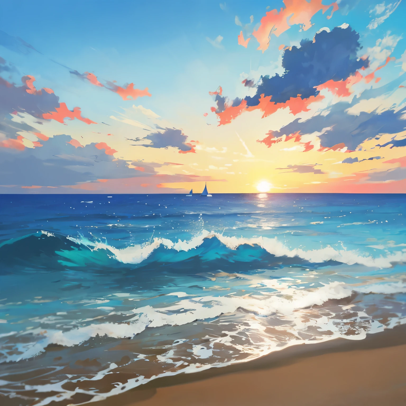 青い海岸: 最高のディテールと傑作品質を備えた息を呑むような海景画. 海岸線は、海岸線に優しく打ち寄せる鮮やかな青い海で飾られています。, 穏やかで落ち着いた雰囲気を醸し出す. 太陽が沈み始める, 暖かい, シーン上の金色の輝き, 波と複雑な質感の砂を照らす. 遠方に, 水面を楽々と滑る帆船のシルエットが見える, 帆が沈む太陽の柔らかな光を捉えている. 背景は被写界深度で満たされている, 豊かな植生と海岸からそびえる丘陵地帯を誇示する. 青い海岸は