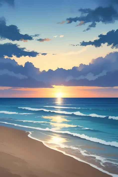 Blue Coast: A breathtaking seascape painting with the highest details and masterpiece quality. The coastline is adorned with vibrant azure waters that gently lap against the shoreline, creating a serene and tranquil atmosphere. The sun begins to set, casti...