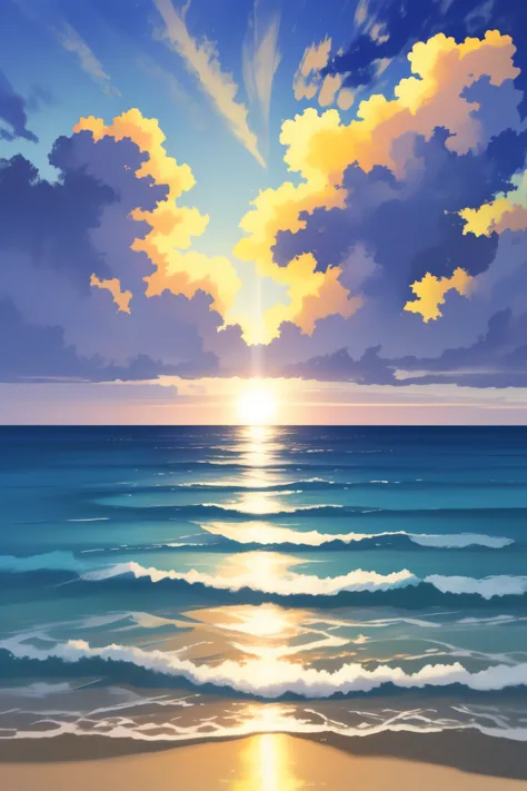 Blue Coast: A breathtaking seascape painting with the highest details and masterpiece quality. The coastline is adorned with vibrant azure waters that gently lap against the shoreline, creating a serene and tranquil atmosphere. The sun begins to set, casti...