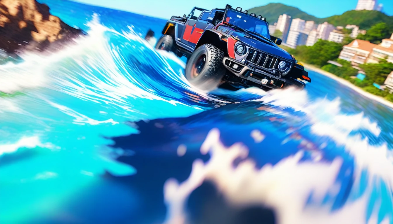 a photo of the very beautiful blue coast, blue coast with beautiful ocean spray,golden hour,#quality(8k,wallpaper of extremely detailed CG unit, ​masterpiece,hight resolution,top-quality,top-quality real texture skin,hyper realisitic,increase the resolution,RAW photos,best qualtiy,highly detailed,the wallpaper), BREAK,the jeep is passing with very high speed at the seashore of blue coat,#jeep(4wd,offroad style),#blue coast(very clean ocean,wave,very beautiful ocean,beautiful city:1.4,),dynamic angle,motion blur