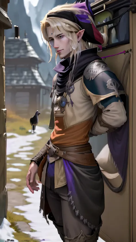 male elf rogue bard, blond hair, pet raven, caravan of covered merchant wagon,