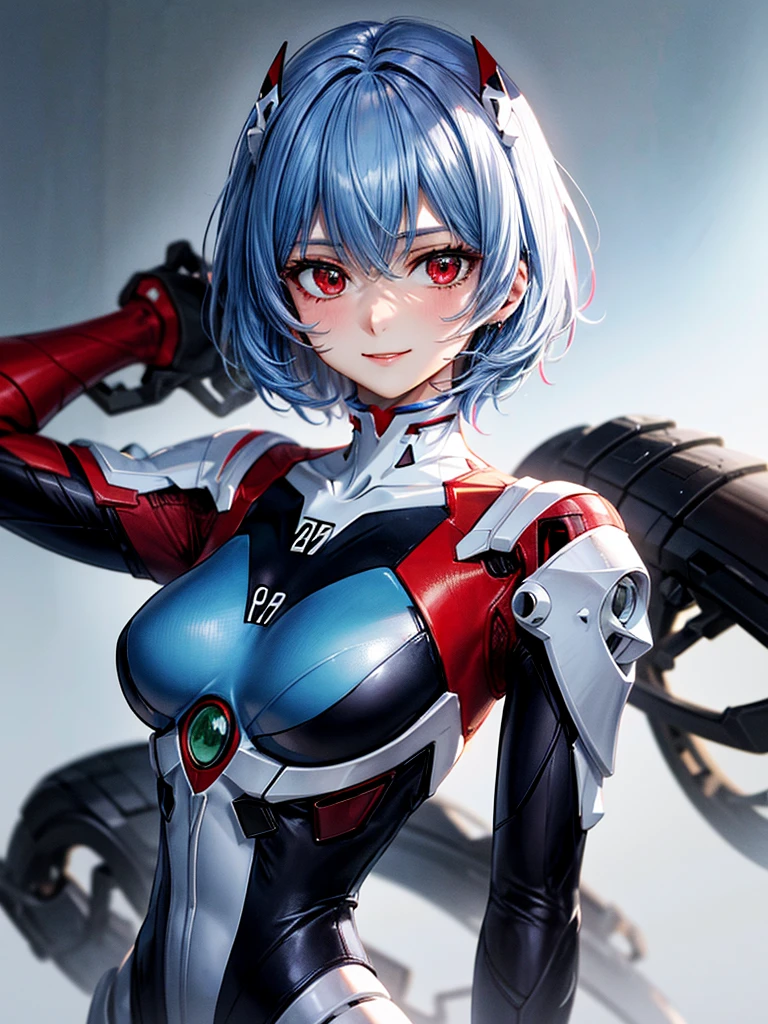 Masterpiece, highest quality, 8K, detailed skin texture, fine cloth texture, beautiful detailed face, intricate details, super detailed, portrait of Rei Ayanami, blue hair, red eyes, looking far away, no background, Evangelion Wearing a plug suit when riding, plug suit, whole body visible, standing, arms crossed, 15 years old, beautiful, cute, great style, smiling,composition that shows the whole body,