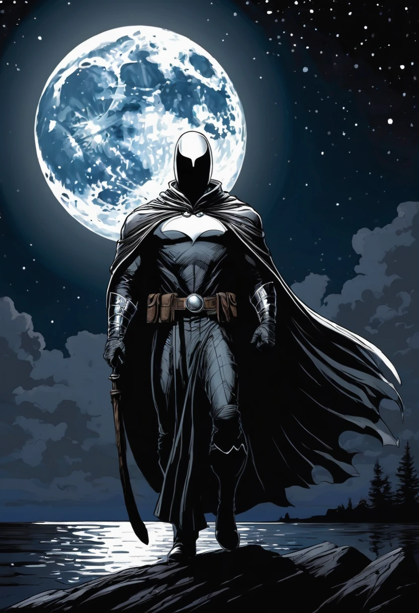 Créez une image d'un personnage nocturne inspiré de Moon Knight, mais au lieu de la lune, it is associated with art. Le personnage porte un vêtement sombre, mysterious costume, avec des motifs artistiques sur son manteau. Il tient un pinceau ou un crayon dans une main, ready to create art in the dark of night. L'arrière-plan doit refléter une atmosphère nocturne, avec des étoiles et des étincelles artistiques.