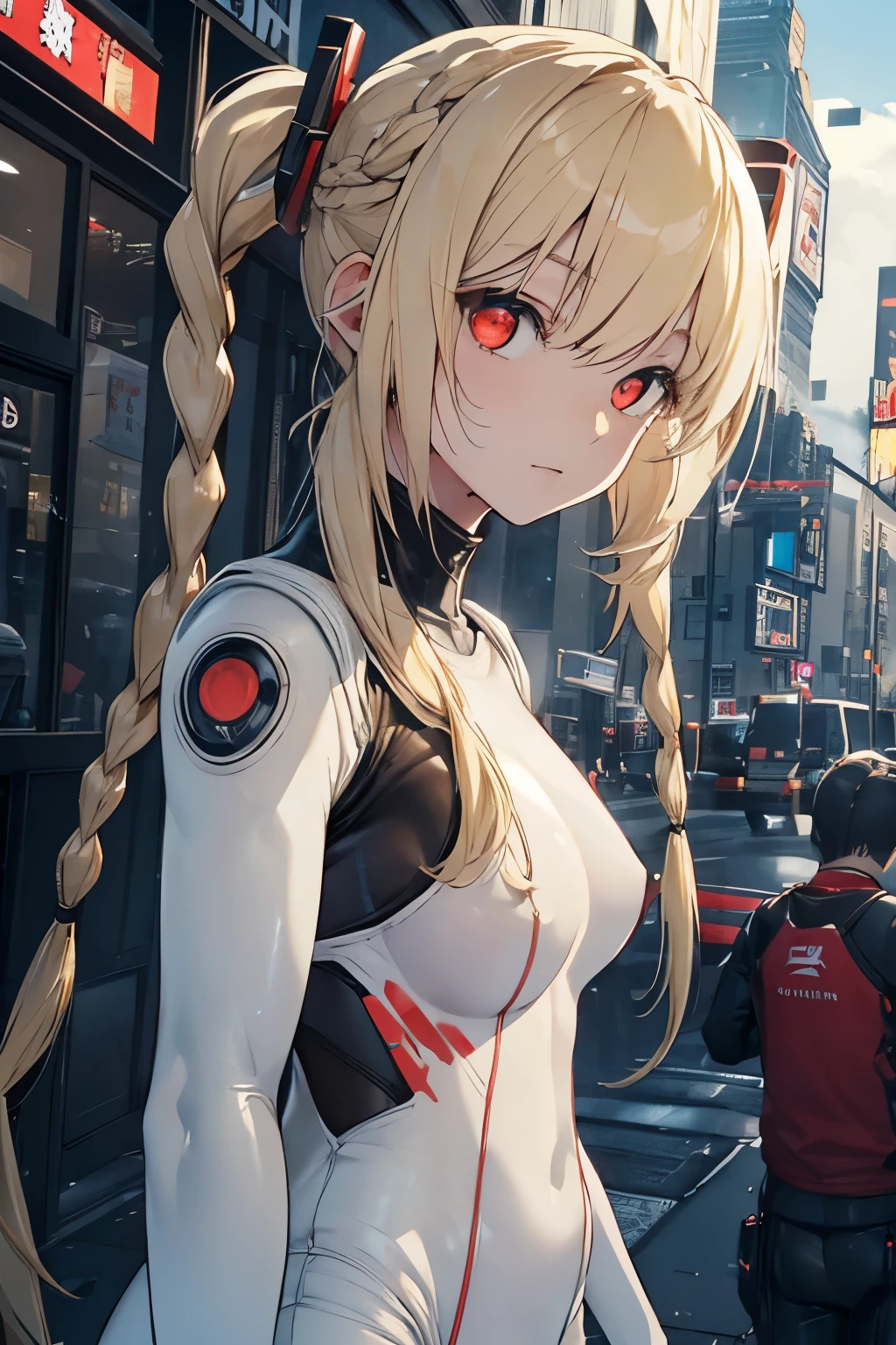 Optimal，masterpiece，High resolution，highest quality，Hyper HD，Very detailed，Award-winning，16k，alone，（Upper Body），Correct Anatomy，Beautiful Cyberpunk Girl，Upper Bodyの写真、Cute face，，blonde、Long Hair、Twin tails、Braid, Hairline，（（Scarlet Eyes）），Long eyelashes，Drooping eyelids，White skin，((Shoot from the front:1.5)), ((Tight rubber suit:1.5)), Clock Top、See-through、rocket , (Large Breasts),