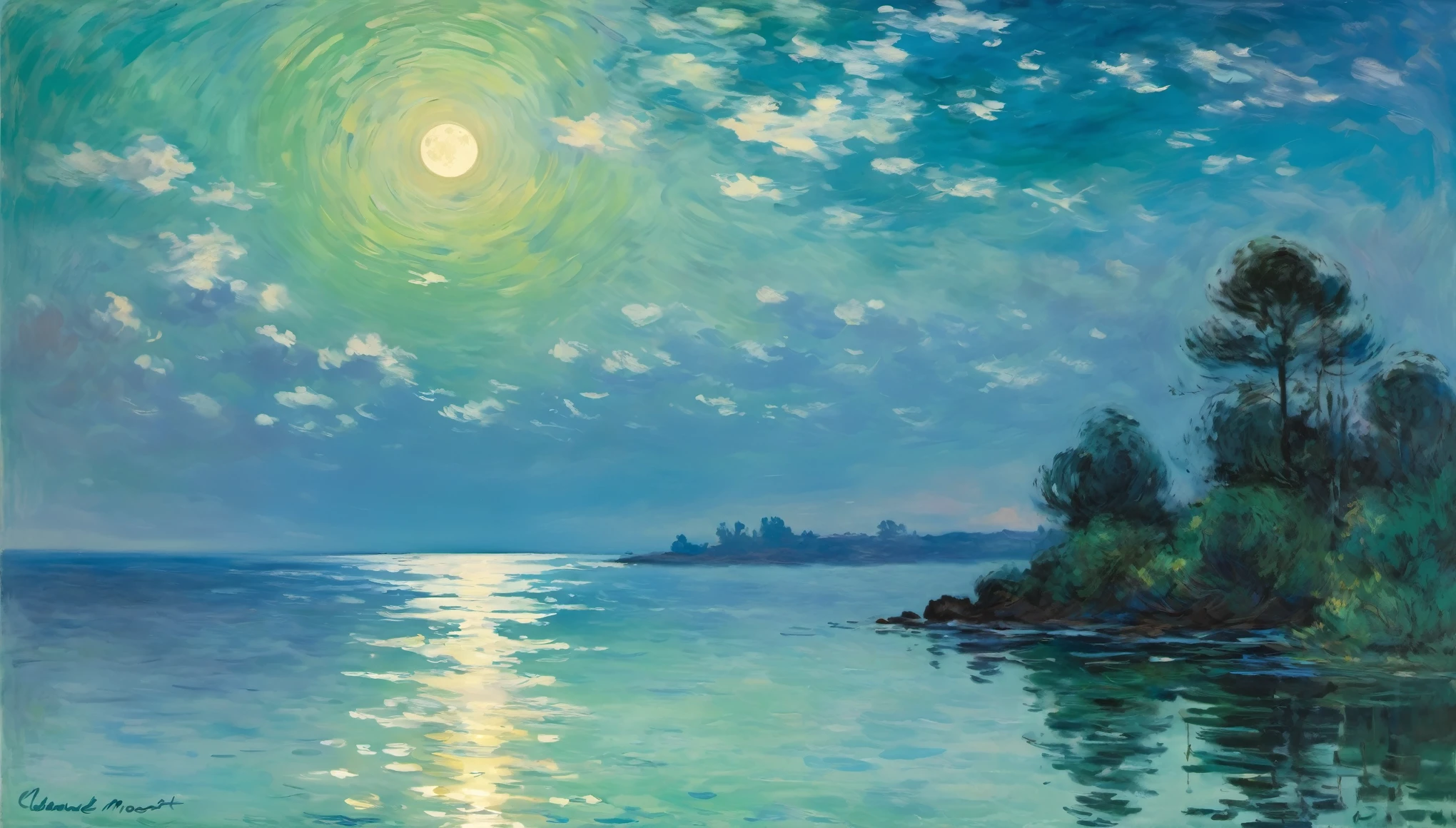 This impressionist painting captures the enchanting beauty of nature, (Blue Coast), The sky fades from green to blue, while the water reflects the moon's glow, drawing the eye to the distance. Signed by Claude Monet, it showcases his unique style and masterful technique, a treasure worth admiring.