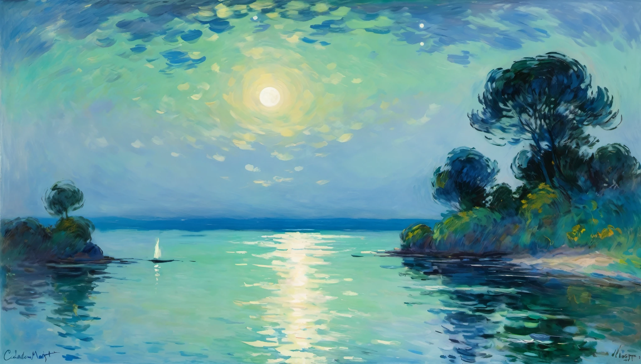 This impressionist painting captures the enchanting beauty of nature, (Blue Coast), The sky fades from green to blue, while the water reflects the moon's glow, drawing the eye to the distance. Signed by Claude Monet, it showcases his unique style and masterful technique, a treasure worth admiring.