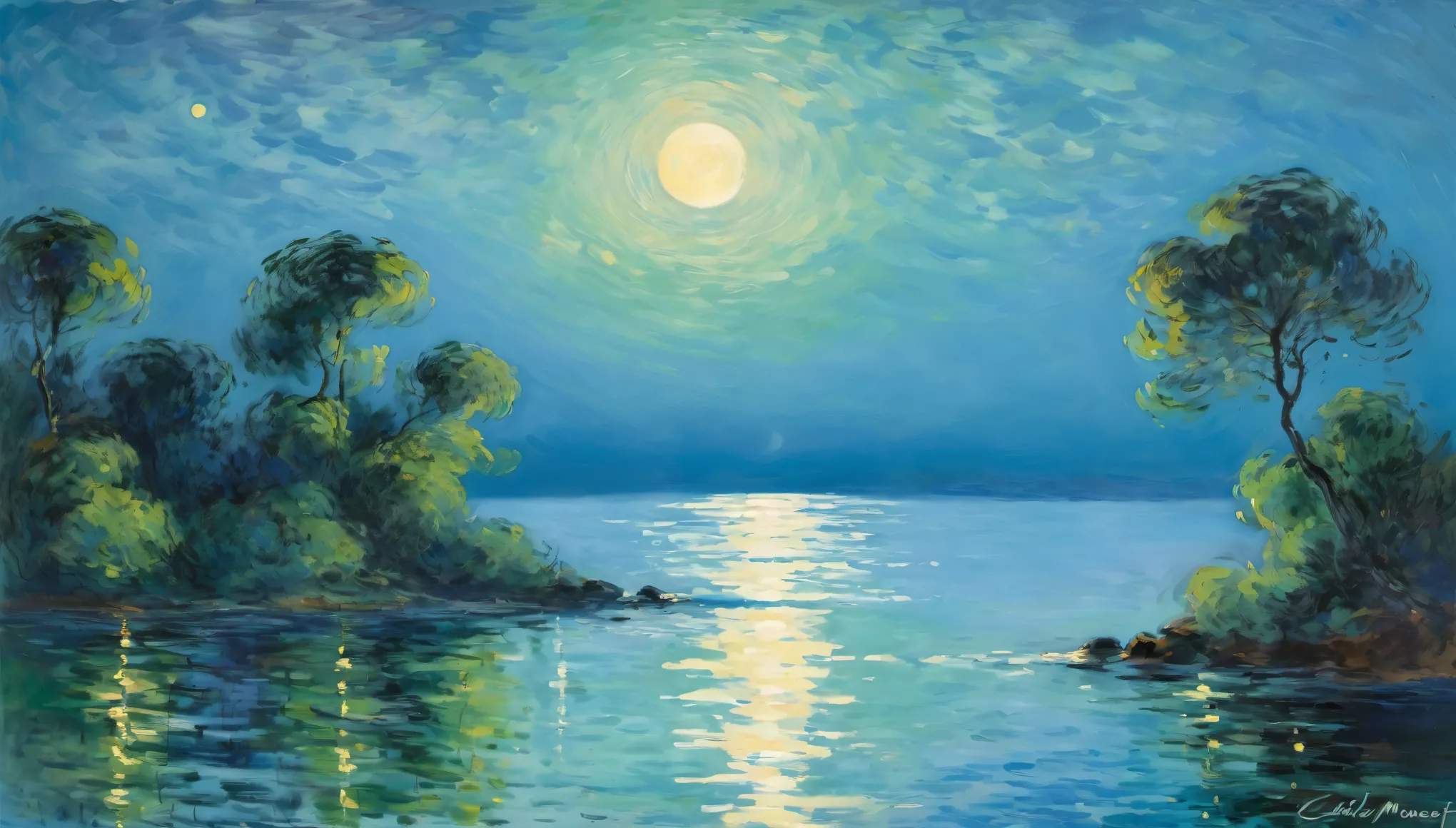 This impressionist painting captures the enchanting beauty of nature, (Blue Coast), The sky fades from green to blue, while the water reflects the moon's glow, drawing the eye to the distance. Signed by Claude Monet, it showcases his unique style and masterful technique, a treasure worth admiring.