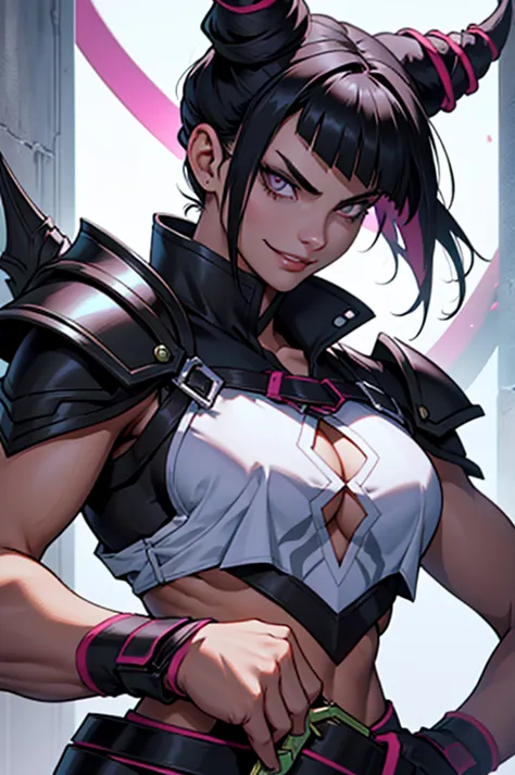 mulher jovem,short black hair , badass , full ancient armor,coxas torneadas,evil smile,juri han,chifres de cabelo