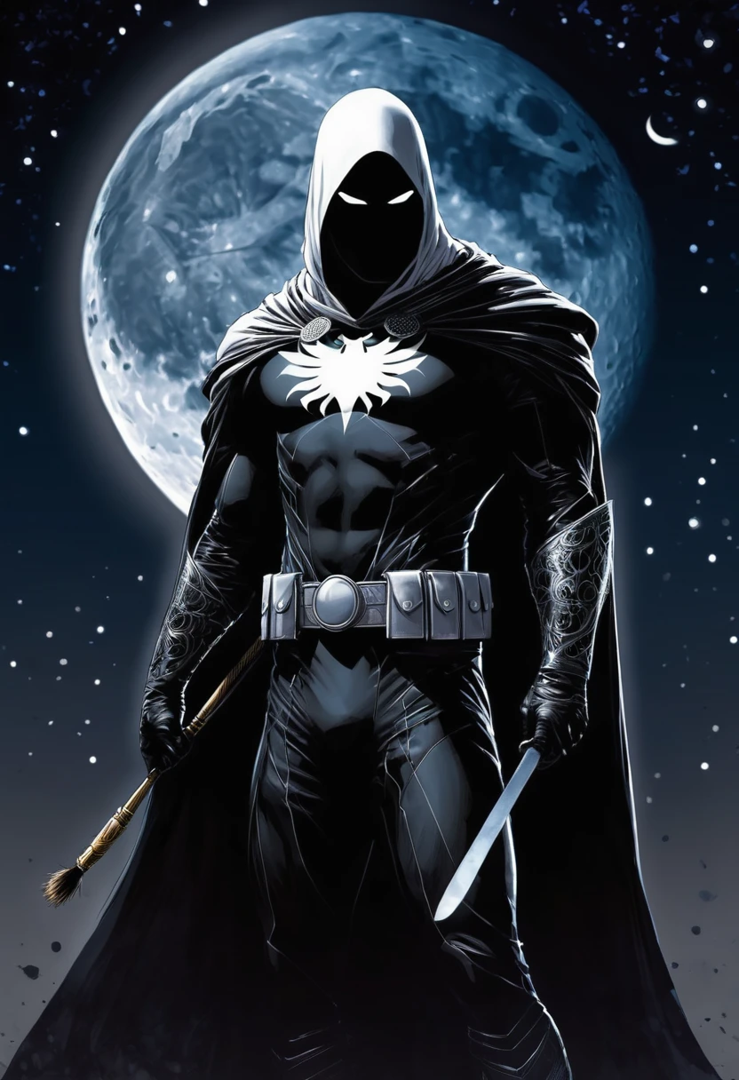 Create an image of a nocturnal character inspired by Moon Knight, but instead of the moon, he's associated with art. The character wears a dark, mysterious costume, with artistic motifs on his coat. He holds a brush or pencil in one hand, ready to create art in the darkness of night. The background should reflect a nocturnal atmosphere, with stars and artistic sparks.