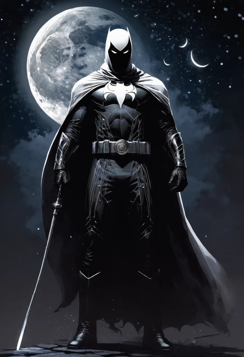 Create an image of a nocturnal character inspired by Moon Knight, but instead of the moon, he's associated with art. The character wears a dark, mysterious costume, with artistic motifs on his coat. He holds a brush or pencil in one hand, ready to create art in the darkness of night. The background should reflect a nocturnal atmosphere, with stars and artistic sparks.