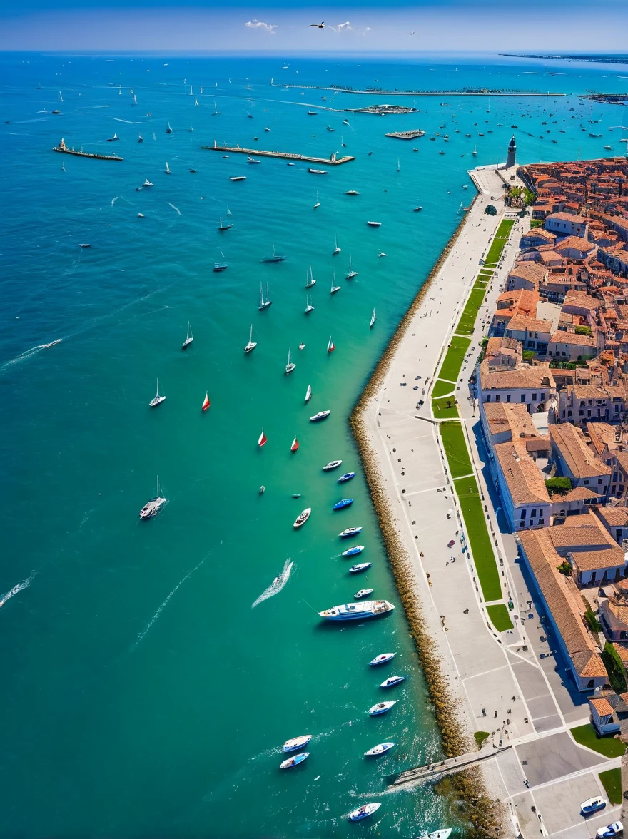 (masterpiece:1.3), (best quality:1.2), (Complex and meticulous:1.2), (Surrealism:1.2), (Professional photography:1.1), Very detailed, Absurd, (Aerial View:0.7), Venice, blue ocean, (blue coast), low tide, pier, sailboat, yacht, Stern, car, Visitors, lighthouse, Seagull, horizon, breeze, summer, morning, Sunlight, cloud, calm, fresh air, Depth of Field
