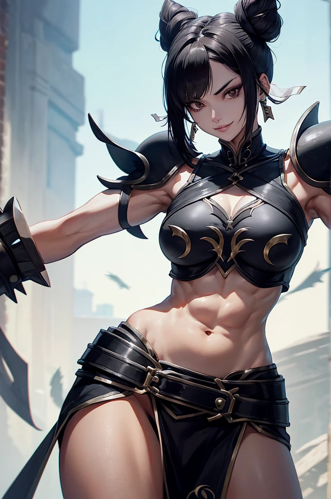 mulher jovem,short black hair , badass , full ancient armor,coxas torneadas,Evil Smile,juri han,chifres de cabelo,detalhes do corpo
