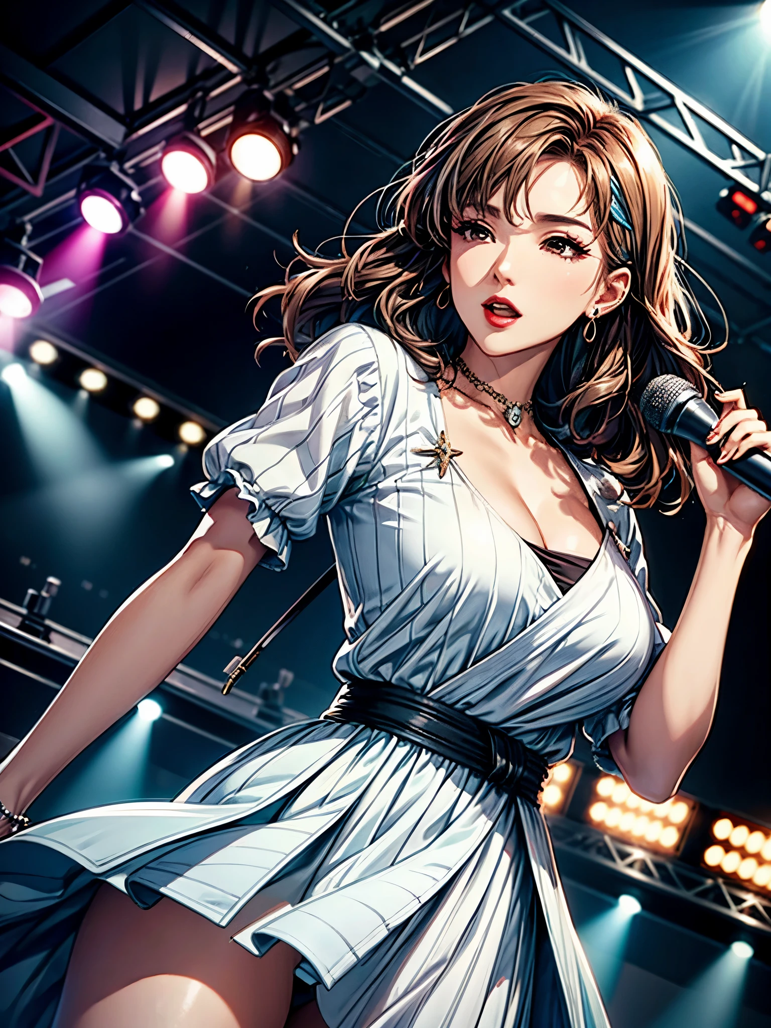 1lady solo, K-POP artist, (singing:1.2) (dynamic posing:1.2), (stylish outfit), mature female, /(brown hair streaked sky-blue hair end/) bangasterpiece best quality:1.2) delicate illustration ultra-detailed, large breasts BREAK, (holding a microphone) , one hand up, BREAK (music stage) indoors, various colored spotlight, audience