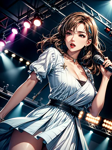 1lady solo, K-POP artist, (singing:1.2) (dynamic posing:1.2), (stylish outfit), mature female, /(brown hair streaked sky-blue ha...