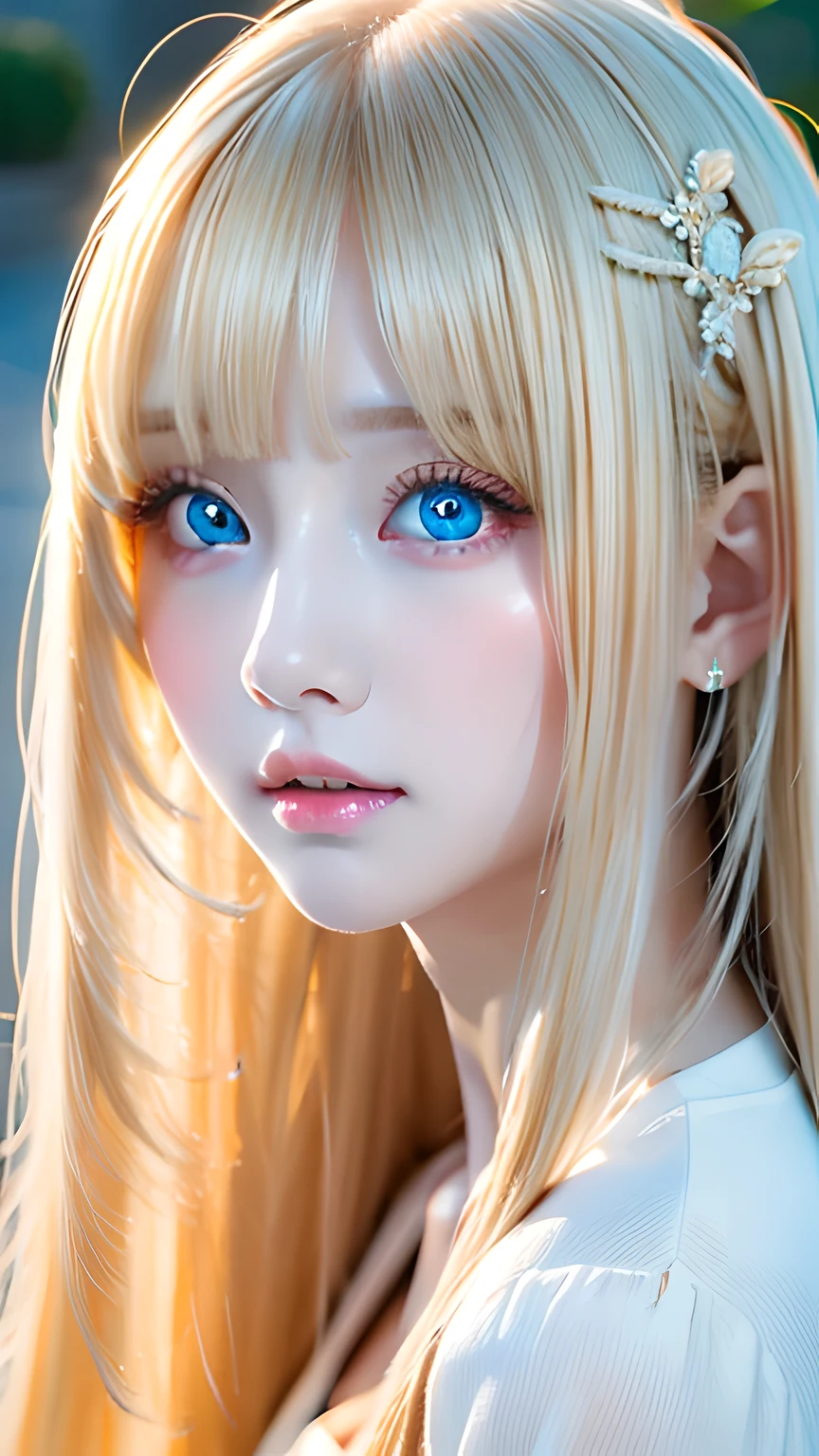 highest quality、Ultra-high resolution、(Photorealistic:1.4)、(ulzzang-6500:1.0)、Blonde super long straight silky hair、Very beautiful bright and shining pale sky blue big eyes、bangs over eyes、