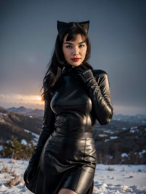 proFessional portrait photograph oF a gorgeous smiling catwoman,Bettie page girl in winter clothing ,ponytail Black hair, red li...