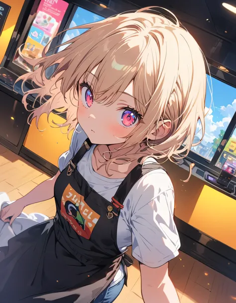 1 girl、Confused eyes、(Game shop clerk、Casual outfit of jeans and a T-shirt、Shop apron、In the game store)、Background Blur、(highest quality、masterpiece、High resolution、detailed)、anime style、Flat Style、, BREAK,(Beautiful Eyes, Delicate and beautiful face,),  ...