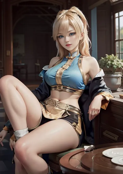 best quality, realism, real, photo: 1.4), Ji Xiaoman, Blond, blue eyes, hand on belly, big breasts, large breasts, thick legs, t...