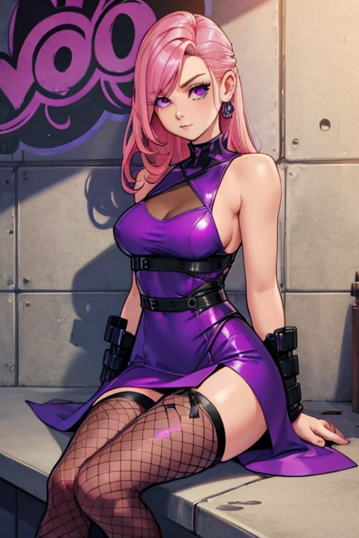 A pink haired woman with violet eyes and an hourglass figure in a purple leather dress with fishnet tights with cool boots is  sitting against a wall 