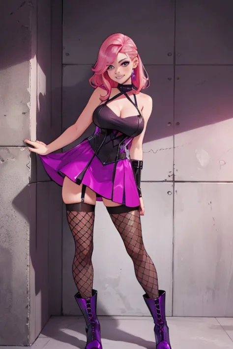 a pink haired woman with violet eyes and an hourglass figure in a purple leather dress with fishnet tights with cool boots is le...