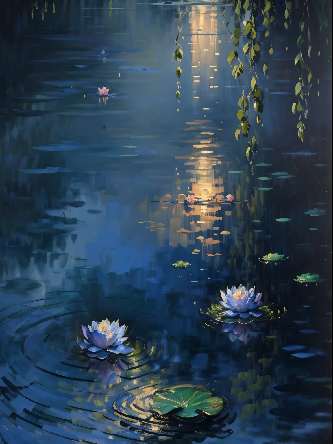 Monet's oil paintings，(highest quality,4K,8k,High resolution,masterpiece:1.2),Very detailed,Realistic,Beautiful moonlit lotus pond,Peaceful atmosphere,Reflected on the still water,Lush lotus leaves,Fragrant lotus flowers blooming,Detailed water ripples,Lotus grower silhouette,Gentle night breeze,Quiet atmosphere,The soft moonlight illuminated the scene.,A subtle play of light and shadow,Midnight blue and silver harmonious color,Impressionist painting style,Tranquil natural beauty,Poetic and nostalgic,Romantic atmosphere,The beauty of moonlit silence,Fantastic and dreamy,Delicate petals in the moonlight,Gentle and graceful,Lotus flower blooms.