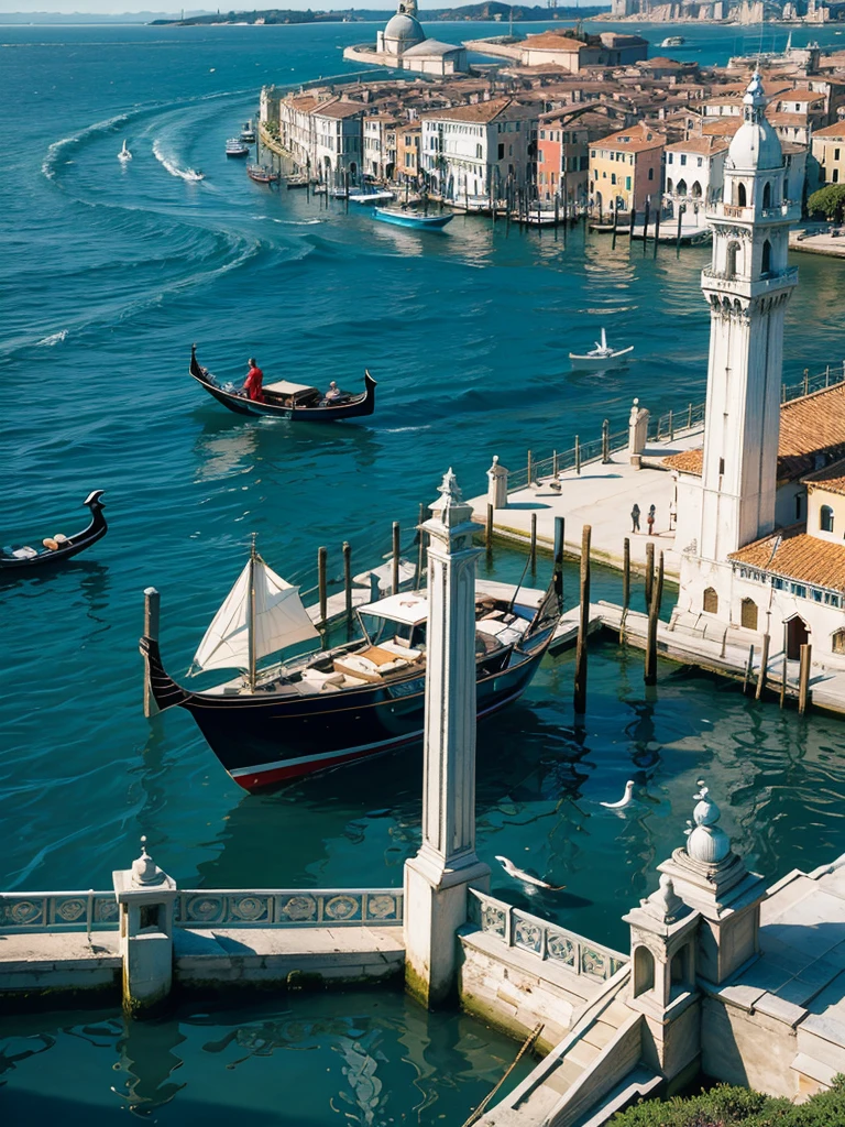 (masterpiece:1.3), (best quality:1.2), (Complex and meticulous:1.2), (Surrealism:1.2), (Professional photography:1.1), Very detailed, Absurd, (Aerial View:0.7), Venice, blue ocean, (blue coast), low tide, pier, sailboat, yacht, Stern, car, Visitors, lighthouse, Seagull, horizon, breeze, summer, morning, Sunlight, cloud, calm, fresh air, Depth of Field