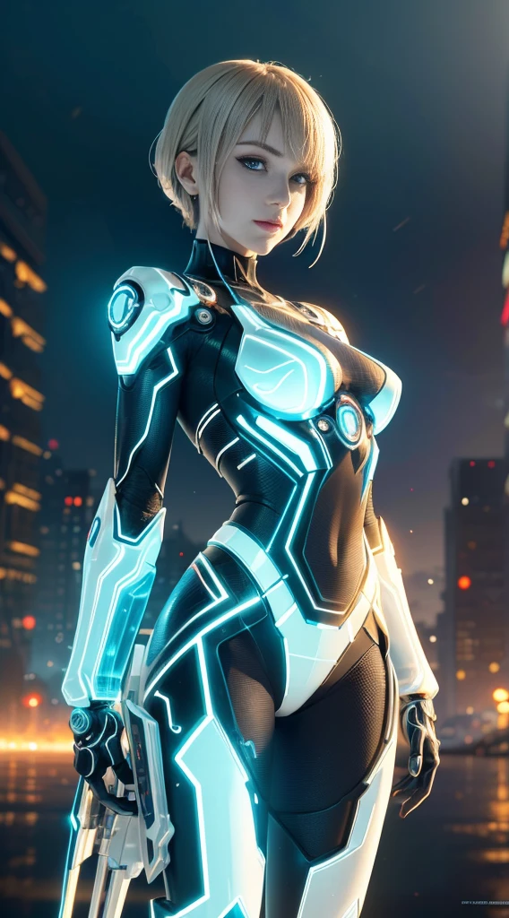 A translucent and mysterious mechanical girl，Futuristic Girl，Mechanical joint，Futuristic city background，Model shooting style, (Extremely detailed Cg Unity 8k wallpaper), The beauty of abstract stylization,，Surrealism, 8k, Super Detail, highest quality, Awards, Anatomically correct, 16k, Super Detail