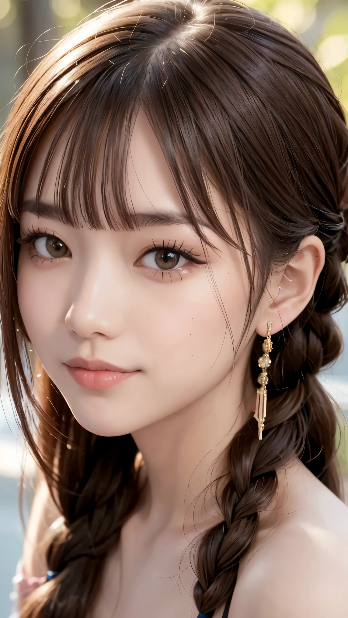 realista, Obra de arte, mais alta qualidade, resolução mais alta, uma mulher japonesa, Sorriso feliz, olhos detalhados e lindos, Íris, olhos brilhantes, Olhos Aguçados, sobrancelhas finas, Dá aos seus cílios um acabamento delicado, Cílios postiços, Maquiagem natural, (cabelo trançado, franja romba, cabelo castanho:1.2), rosto detalhado, Ela está olhando ligeiramente para o lado, Sempre observando o público, Sorrindo, bochechas rosa, Roupas de primavera, foto da parte superior do corpo, Fundo retrato