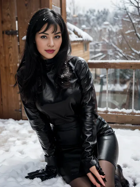 proFessional portrait photograph oF a gorgeous smiling soaked Bettie page girl in soaked winter clothing ,ponytail Black hair, red lipstick,black long maxi-skirt(black long maxi-skirt:1.2),sultry Flirty look, gorgeous symmetrical Face, joli maquillage natu...