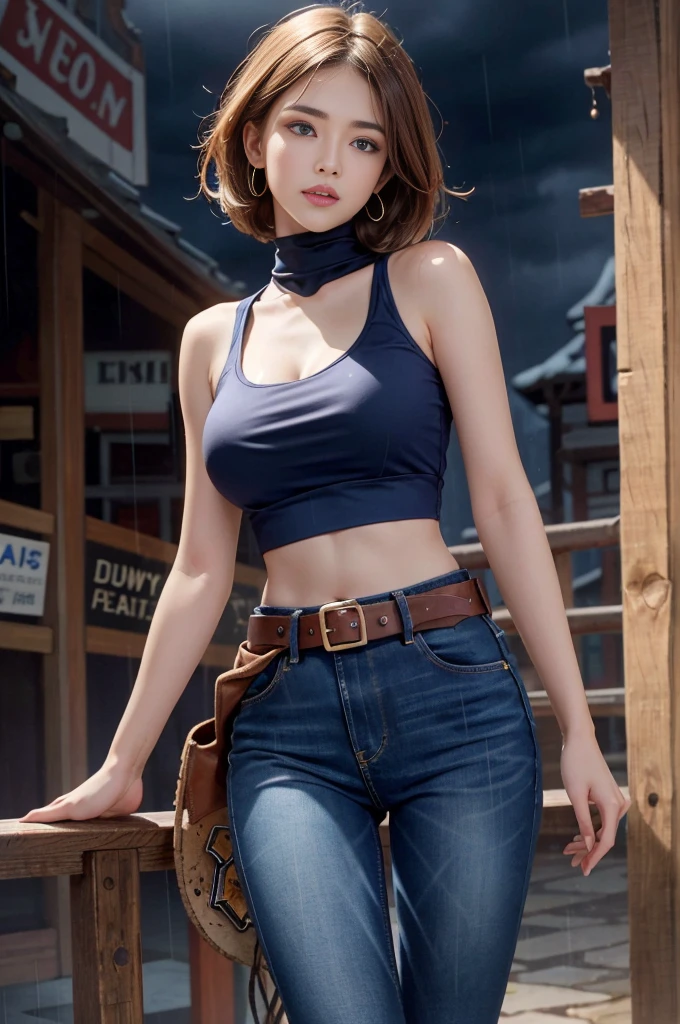 Mariam, highest quality,(beauty), One girl,Physically Based Rendering ,Ultra-high resolution,(Cowboy Shot:1.5),Tight waist, skinny, Leona MS , Big Blue Eyes,Long legs,（jeans mini shorts）,Leather Belt,Big Breasts,Puffy eyes, Leather Belt,(Rainy Town), Shiny skin, Face-to-face viewer, I&#39;m excited to fight、（Holding a gun）。((Sexy leather top sleeveless))、Sexy thighs