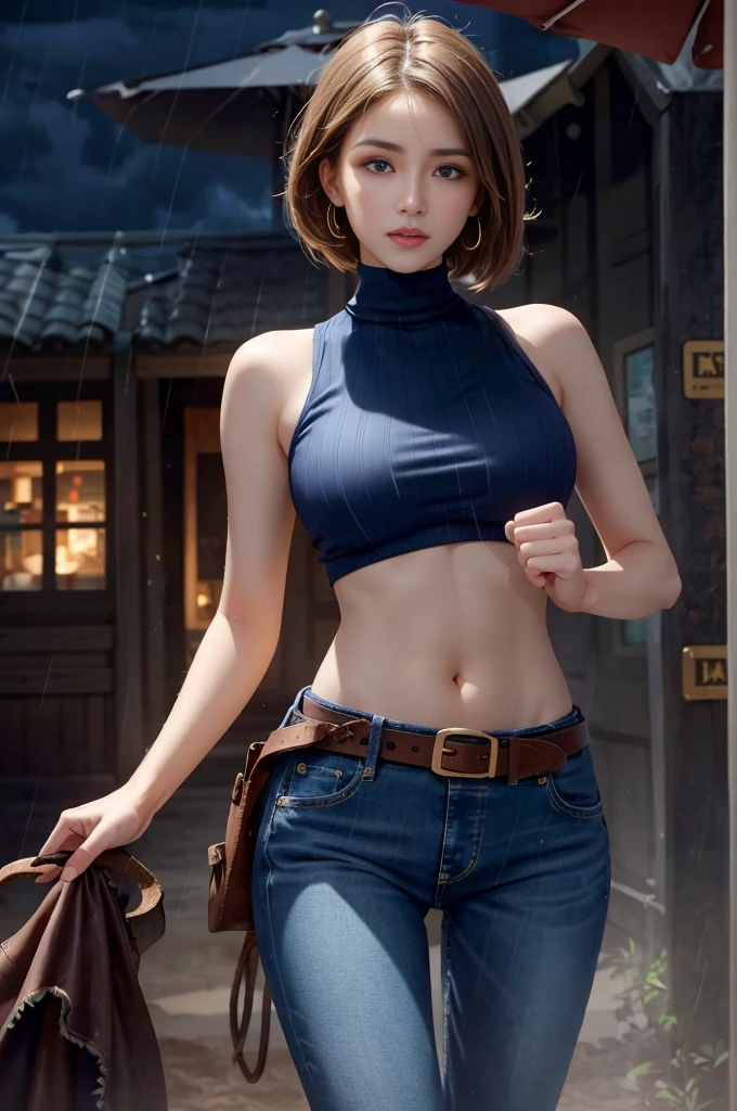 Mariam, highest quality,(beauty), One girl,Physically Based Rendering ,Ultra-high resolution,(Cowboy Shot:1.5),Tight waist, skinny, Leona MS , Big Blue Eyes,Long legs,（jeans mini shorts）,Leather Belt,Big Breasts,Puffy eyes, Leather Belt,(Rainy Town), Shiny skin, Face-to-face viewer, I&#39;m excited to fight、（Holding a gun）。((Sexy leather top sleeveless))、Sexy thighs