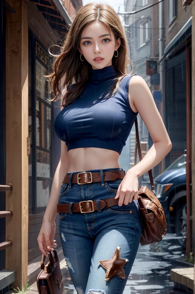 Mariam, highest quality,(beauty), One girl,Physically Based Rendering ,Ultra-high resolution,(Cowboy Shot:1.5),Tight waist, skinny, Leona MS , Big Blue Eyes,Long legs,（jeans mini shorts）,Leather Belt,Big Breasts,Puffy eyes, Leather Belt,(Rainy Town), Shiny skin, Face-to-face viewer, I&#39;m excited to fight、（Holding a gun）。((Sexy leather top sleeveless))、Sexy thighs