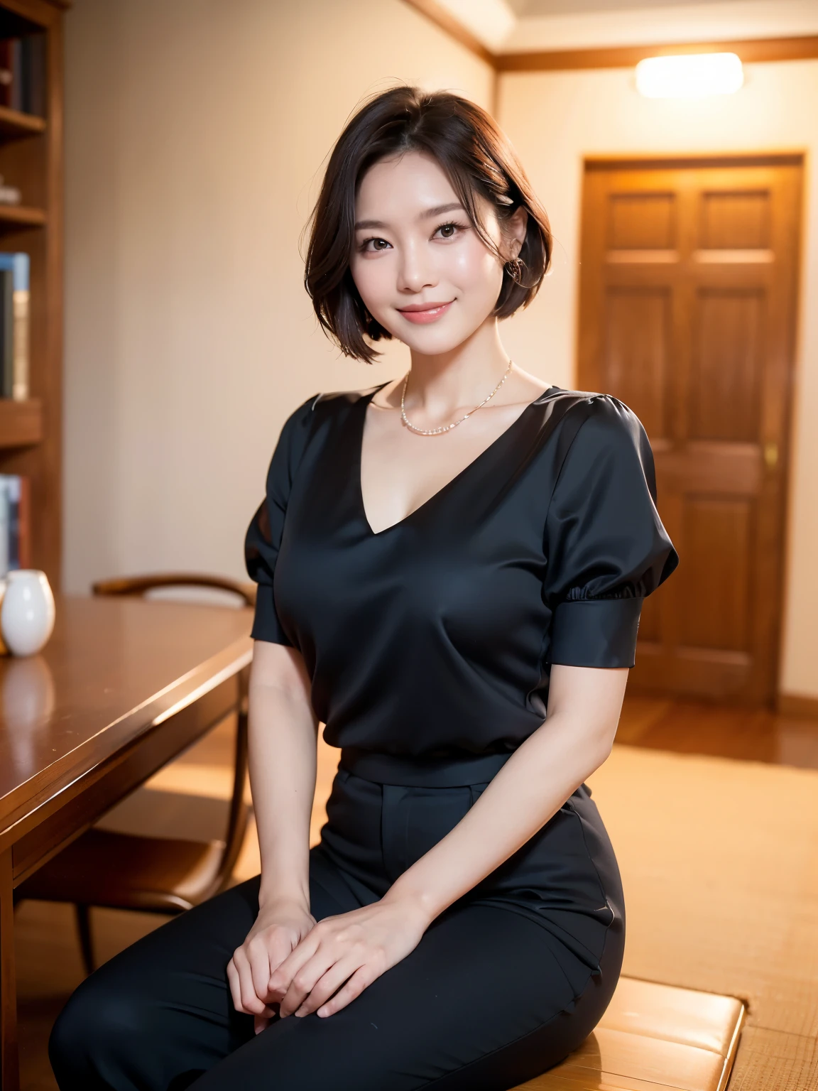 (highest quality, 8k, 32k, masterpiece, Ultra-high resolution:1.2),Beautiful Japanese Women Photos, （Standard body shape）、（D cup breasts:1.4), Very short bob hair,Full body photo,（Black formal ruffled blouse：1.4）,（Pearl Necklace:1.4), （A war room with a large bookshelf in the background:1.3), （She is looking at the audience：1.2）、（A kind smile：1.3）、