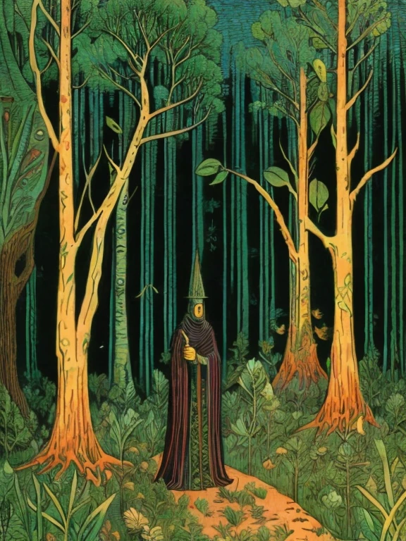 illustration by Ivan Bilibin: Wizard, standing in the woods, there are trees and plants around it.