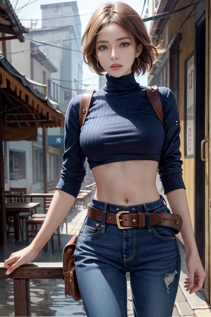 Mariam, highest quality,(beauty), One girl,Physically Based Rendering ,Ultra-high resolution,(Cowboy Shot:1.5),Tight waist, skinny, Leona MS , Big Blue Eyes,Long legs,（jeans mini shorts）,Leather Belt,Big Breasts,Puffy eyes, Leather Belt,(Rainy Town), Shiny skin, Face-to-face viewer, I&#39;m excited to fight、（Holding a gun）。((Sexy leather top sleeveless))、Sexy thighs