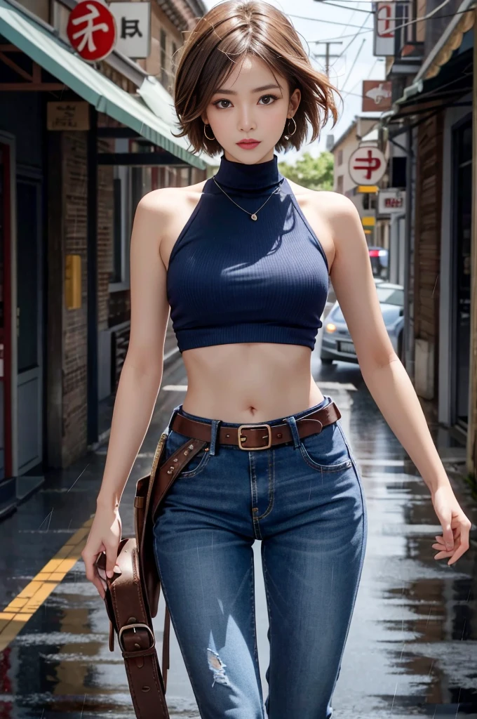 Mariam, highest quality,(beauty), One girl,Physically Based Rendering ,Ultra-high resolution,(Cowboy Shot:1.5),Tight waist, skinny, Leona MS , Big Blue Eyes,Long legs,（jeans mini shorts）,Leather Belt,Big Breasts,Puffy eyes, Leather Belt,(Rainy Town), Shiny skin, Face-to-face viewer, I&#39;m excited to fight、（Holding a gun）。((Sexy leather top sleeveless))、Sexy thighs