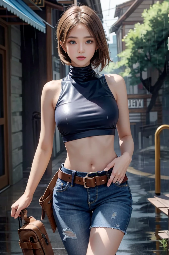 Mariam, highest quality,(beauty), One girl,Physically Based Rendering ,Ultra-high resolution,(Cowboy Shot:1.5),Tight waist, skinny, Leona MS , Big Blue Eyes,Long legs,（jeans mini shorts）,Leather Belt,Big Breasts,Puffy eyes, Leather Belt,(Rainy Town), Shiny skin, Face-to-face viewer, I&#39;m excited to fight、（Holding a gun）。((Sexy leather top sleeveless))、Sexy thighs