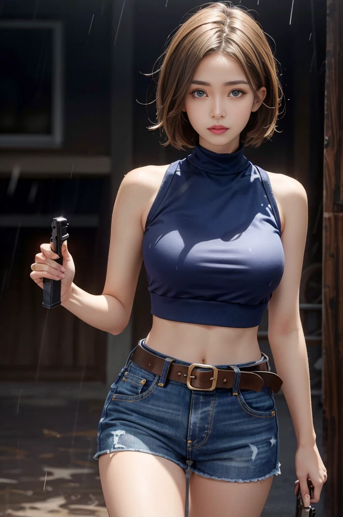 Mariam, highest quality,(beauty), One girl,Physically Based Rendering ,Ultra-high resolution,(Cowboy Shot:1.5),Tight waist, skinny, Leona MS , Big Blue Eyes,Long legs,（jeans mini shorts）,Leather Belt,Big Breasts,Puffy eyes, Leather Belt,(Rainy Town), Shiny skin, Face-to-face viewer, I&#39;m excited to fight、（Holding a gun）。((Sexy leather top sleeveless))、Sexy thighs