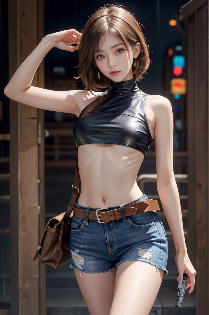 Mariam, highest quality,(beauty), One girl,Physically Based Rendering ,Ultra-high resolution,(Cowboy Shot:1.5),Tight waist, skinny, Leona MS , Big Blue Eyes,Long legs,（jeans mini shorts）,Leather Belt,Big Breasts,Puffy eyes, Leather Belt,(Rainy Town), Shiny skin, Face-to-face viewer, I&#39;m excited to fight、（Holding a gun）。((Sexy leather top sleeveless))、Sexy thighs