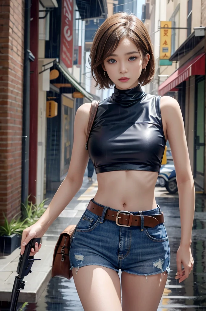 Mariam, highest quality,(beauty), One girl,Physically Based Rendering ,Ultra-high resolution,(Cowboy Shot:1.5),Tight waist, skinny, Leona MS , Big Blue Eyes,Long legs,（jeans mini shorts）,Leather Belt,Big Breasts,Puffy eyes, Leather Belt,(Rainy Town), Shiny skin, Face-to-face viewer, I&#39;m excited to fight、（Holding a gun）。((Sexy leather top sleeveless))、Sexy thighs